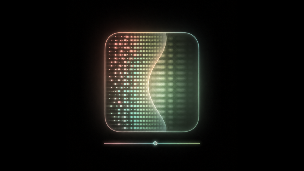 Soft abstract display tile showing temporal dithering pixels smoothing into a calmer display pattern.