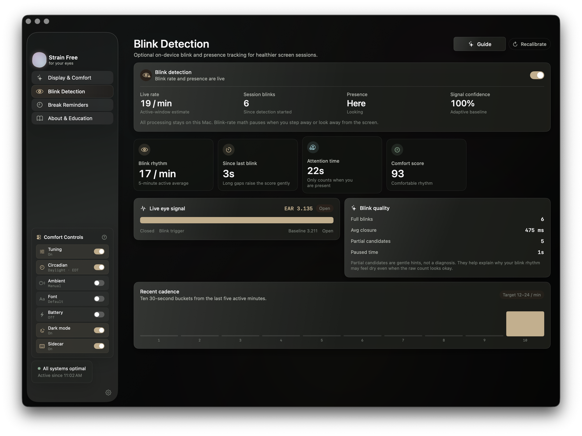 Strain Free Blink Detection page showing blink rate, presence, signal confidence, blink quality, and recent cadence.