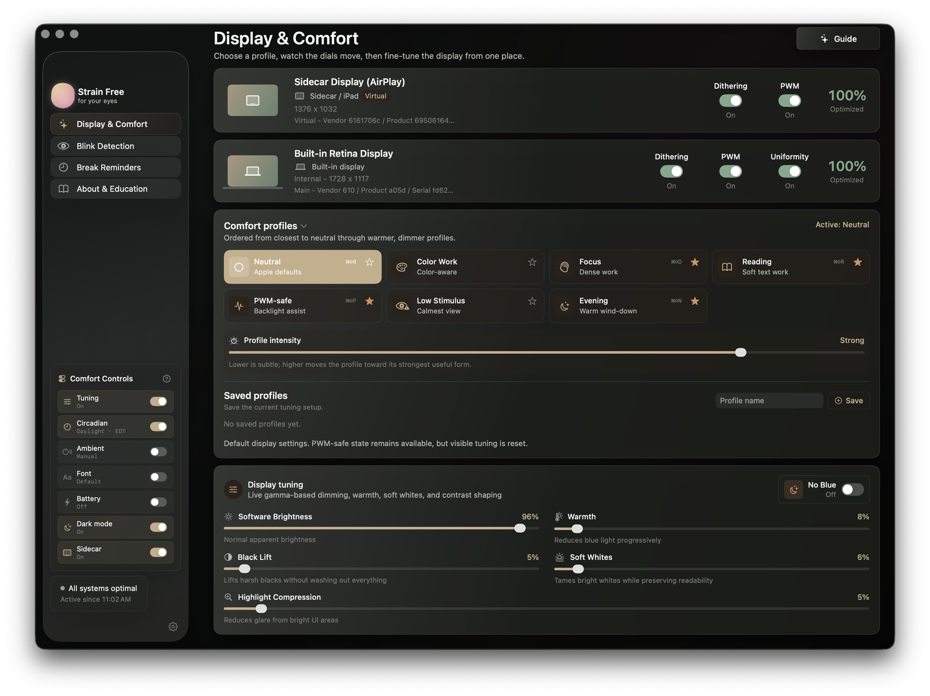 Strain Free Display and Comfort page showing detected displays, comfort profiles, and display tuning controls.