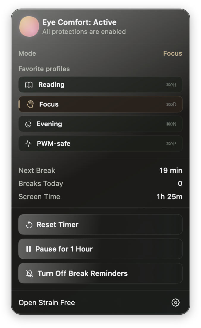 Strain Free menu bar popover with favorite profiles, break controls, and quick access to the main app.